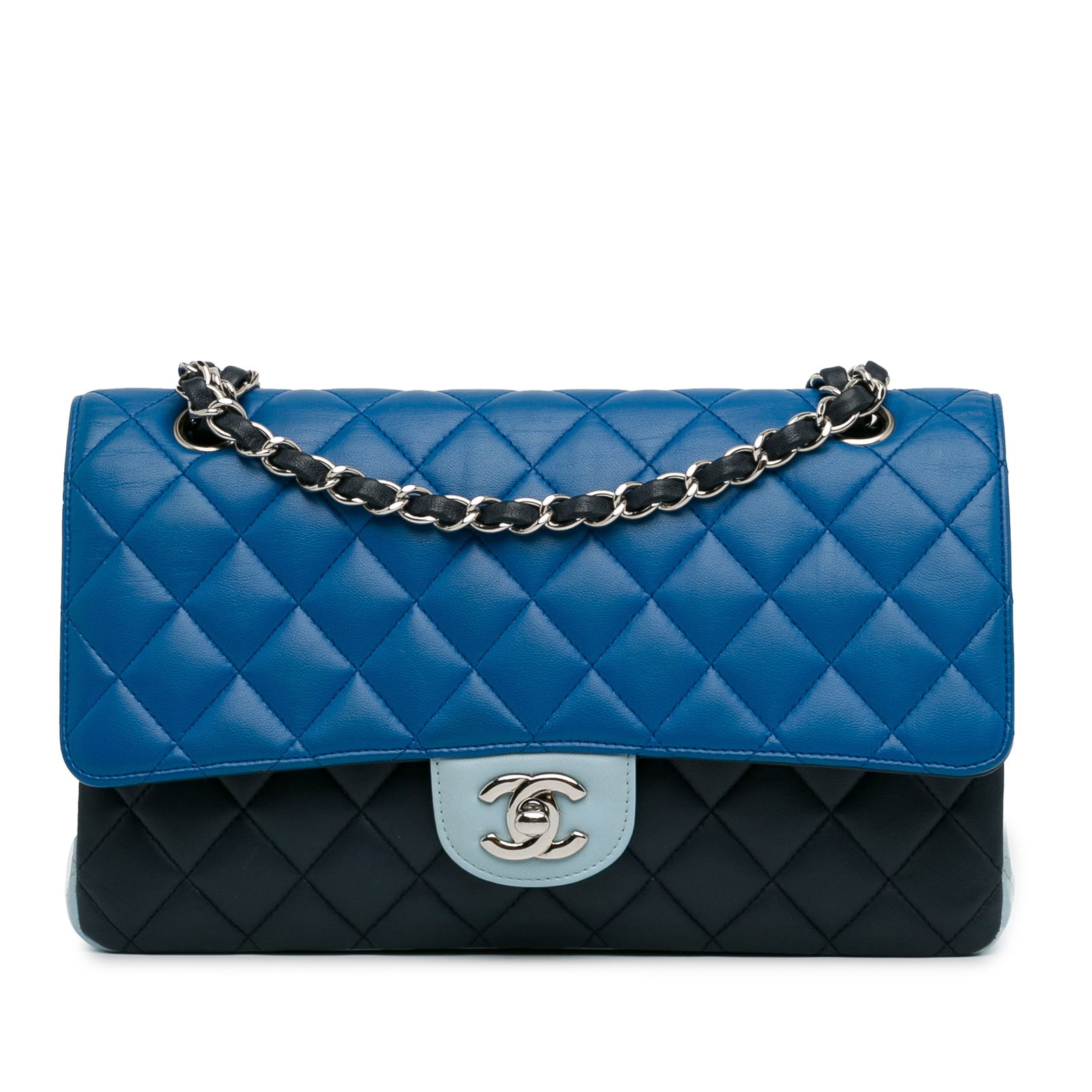 Chanel Classic Blue Lambskin Double Flap Shoulder Bag: Chanel Classic Blue Lambskin Double Flap Shoulder Bag Chanel Classic Double Flap Lambskin Leather Shoulder Bag in Blue. This Medium Tricolor Lambskin Double Flap shoulder bag features a soft and durab