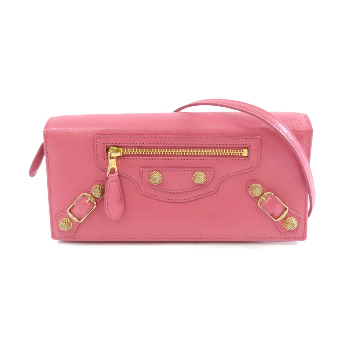 BALENCIAGA Pink Calfskin Bifold Long Wallet 253055: BALENCIAGA Pink Calfskin Bifold Long Wallet 253055 This BALENCIAGA bifold long wallet is crafted from high-quality calfskin (cowhide) leather in a vibrant pink color. It features a stylish and functio