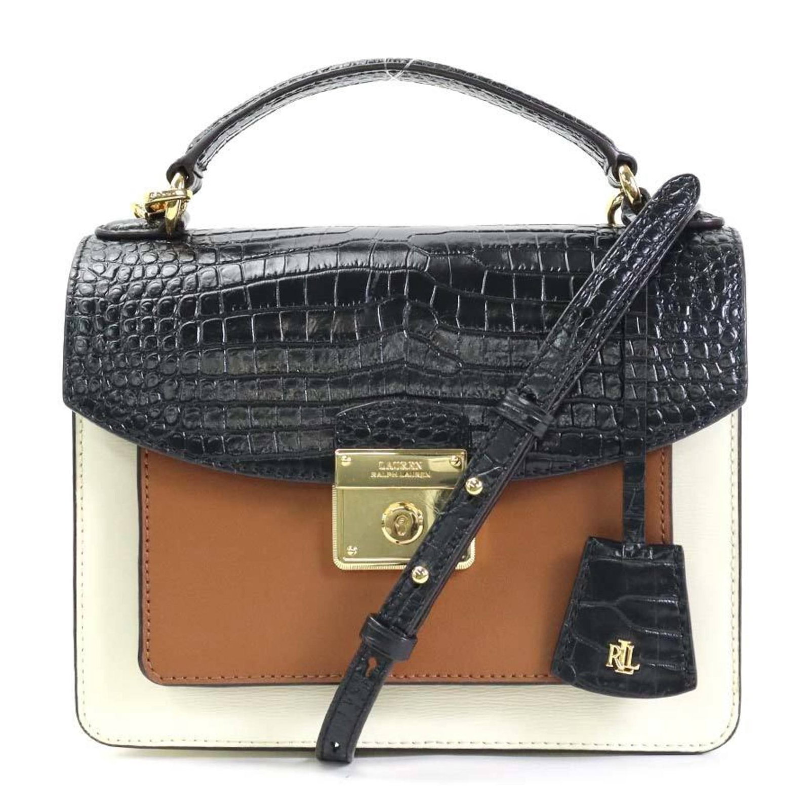 Ralph Lauren Embossed Leather Shoulder Bag Black Brown Ivory 19.5cm: Ralph Lauren Embossed Leather Shoulder Bag Black Brown Ivory 19.5cm This Ralph Lauren shoulder bag features a stylish embossed leather design in a striking combination of black, brown, and ivory color