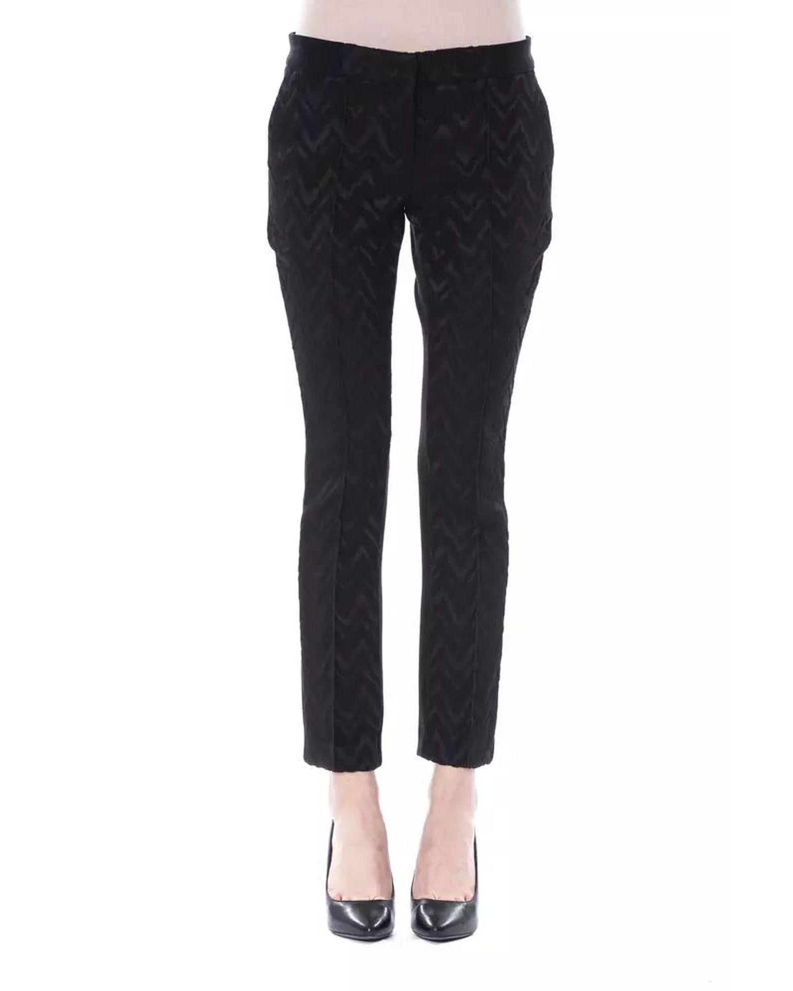 BYBLOS Black Acrylic Slim Fit Chevron Pants with Pockets: BYBLOS Black Acrylic Slim Fit Chevron Pants with Pockets These Black Acrylic Jeans & Pant are designed for women who appreciate a slim fit. The front part features stylish patterns adding a touch of u