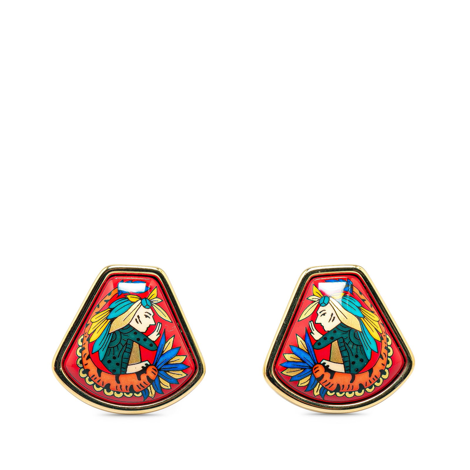 Hermes Clipper Enamel Clip On Earrings with Gold-Plated Hardware: Hermes Clipper Enamel Clip On Earrings with Gold-Plated Hardware Hermes Herms Clipper Enamel and Gold Earrings. Cloisonne Enamel Clip On Earrings feature intricate printed enamel designs and gold-plat