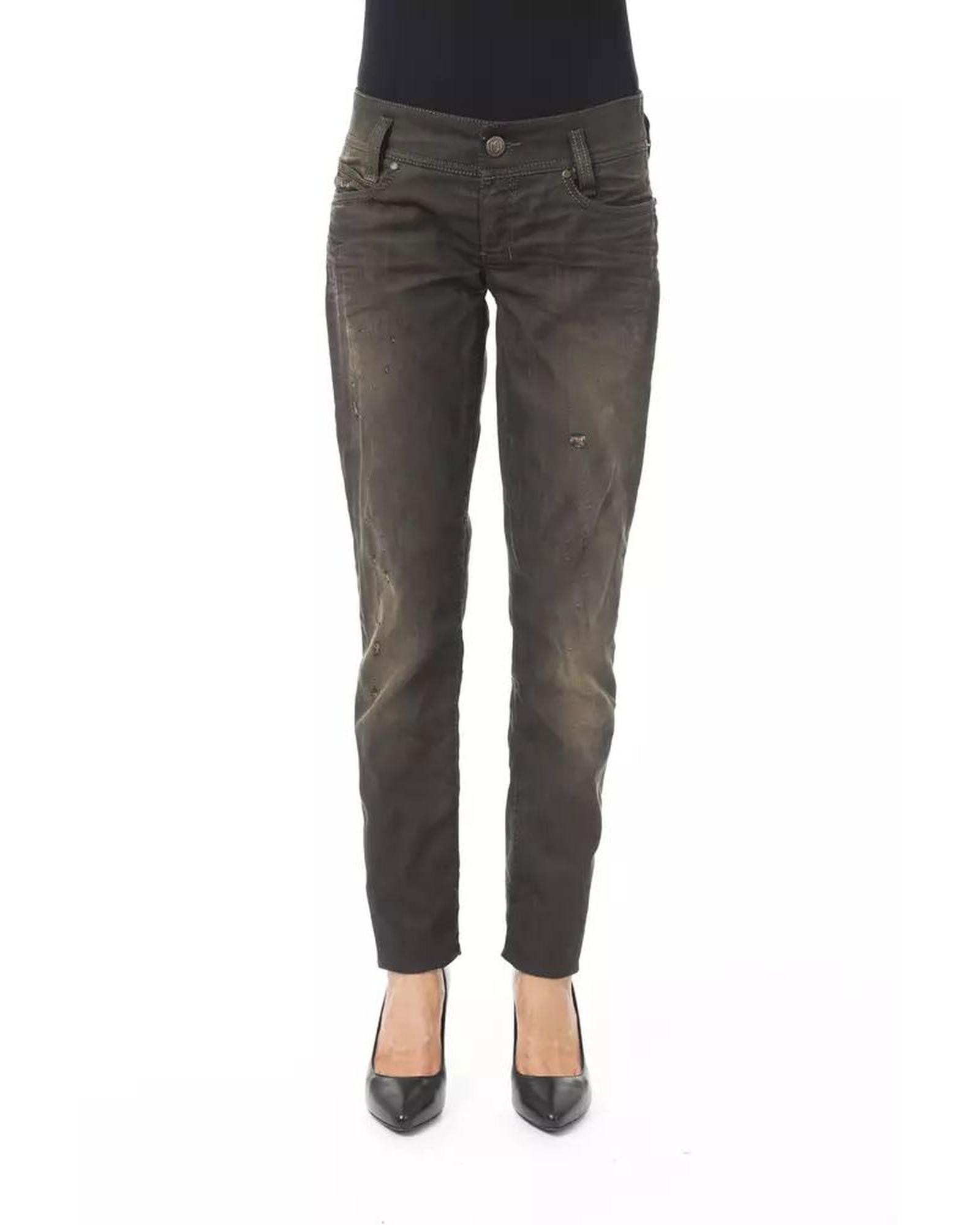 BYBLOS BYBLOS Womens Distressed Slim Fit Jeans: BYBLOS BYBLOS Womens Distressed Slim Fit Jeans These black cotton jeans & pant are designed for women. They offer a regular fit and feature front and back pockets. The washed effect adds a stylish tou