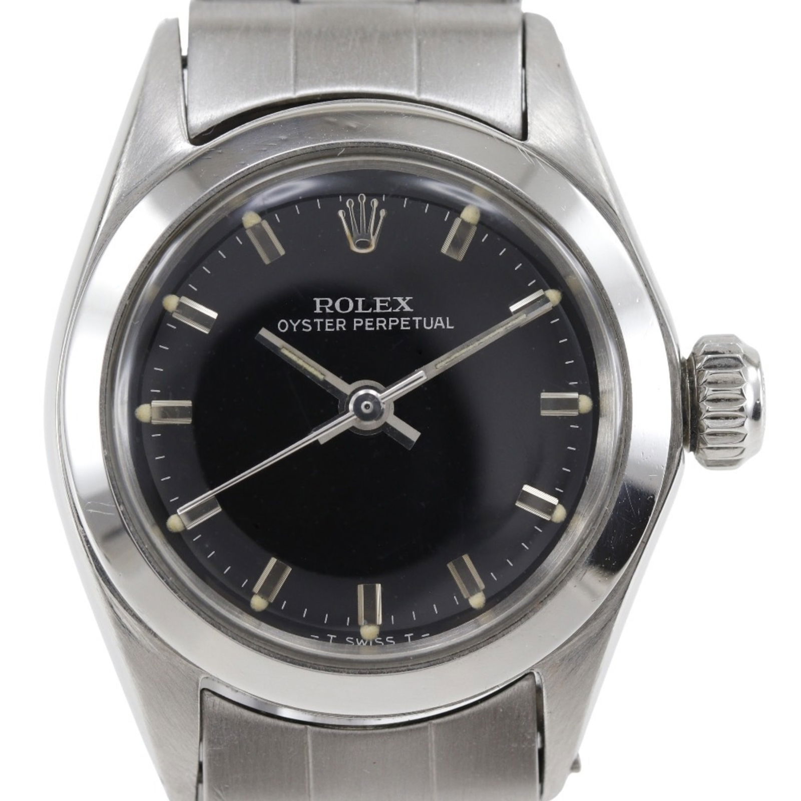 1966 Rolex Oyster Perpetual Ladies Watch Stainless Steel Black Dial 33mm Automatic: 1966 Rolex Oyster Perpetual Ladies Watch Stainless Steel Black Dial 33mm Automatic This Rolex Oyster Perpetual Watch, model cal.1161 6618, is a ladies' wristwatch from 1966. The case and band are both