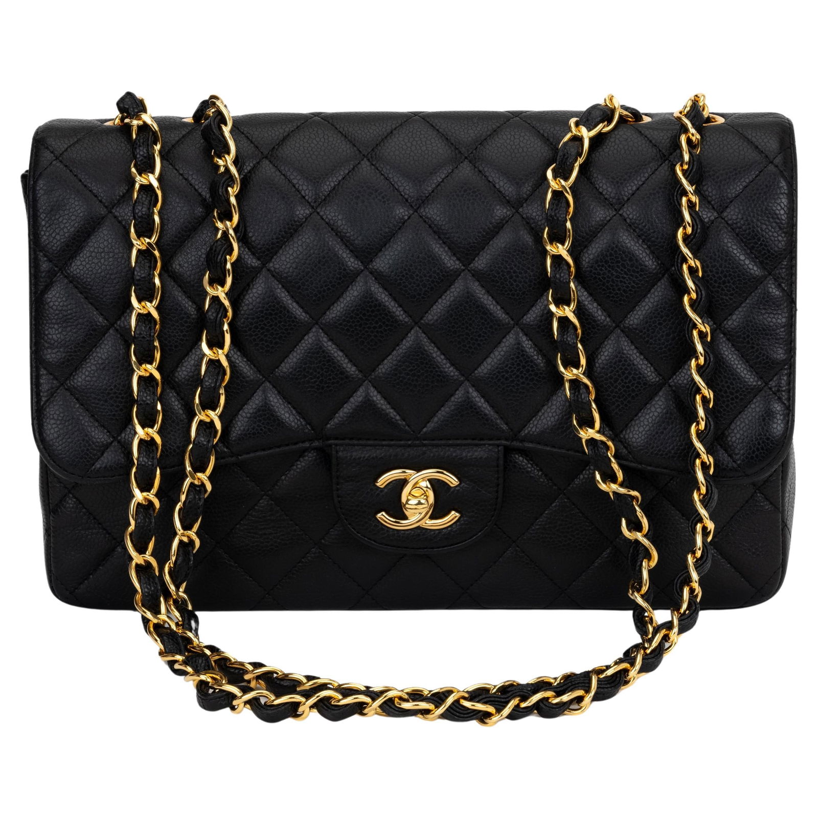 Chanel Black Caviar Jumbo Flap Handbag 8x3.5x12 Inches 20th Century: Chanel Black Caviar Jumbo Flap Handbag 8x3.5x12 Inches 20th Century This Chanel Black Caviar Jumbo Single Flap is a classic handbag characterized by its luxurious caviar leather. It features a sleek d