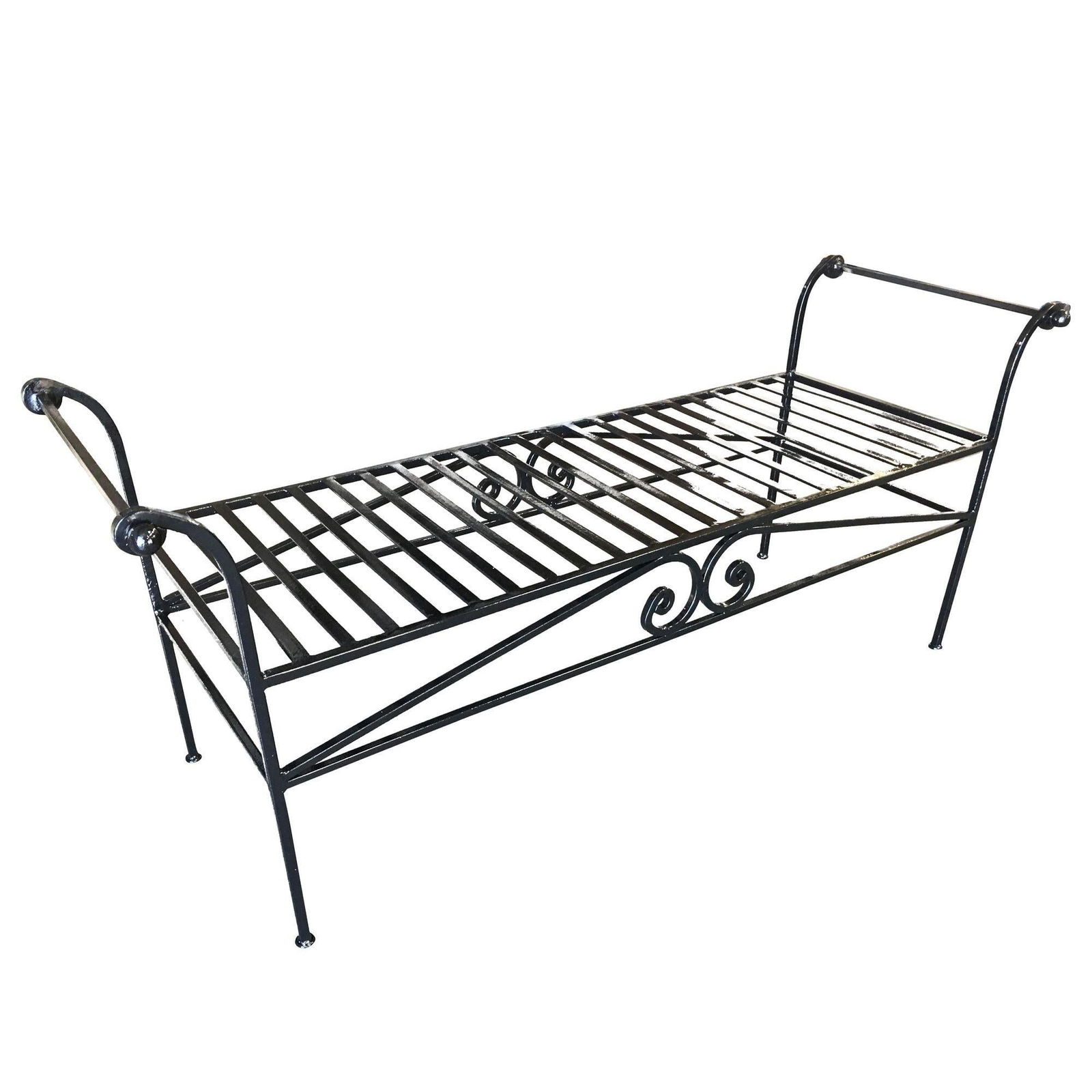 Scrolling Black Wrought Iron Chaise Lounge Bench: Scrolling Black Wrought Iron Chaise Lounge Bench Dimensions: Height: 24 in (60.96 cm)Width: 56 in (142.24 cm)Depth: 20 in (50.8 cm)Seat Height: 16 in (40.64 cm) Style: Mid-Century Modern (Of the Perio