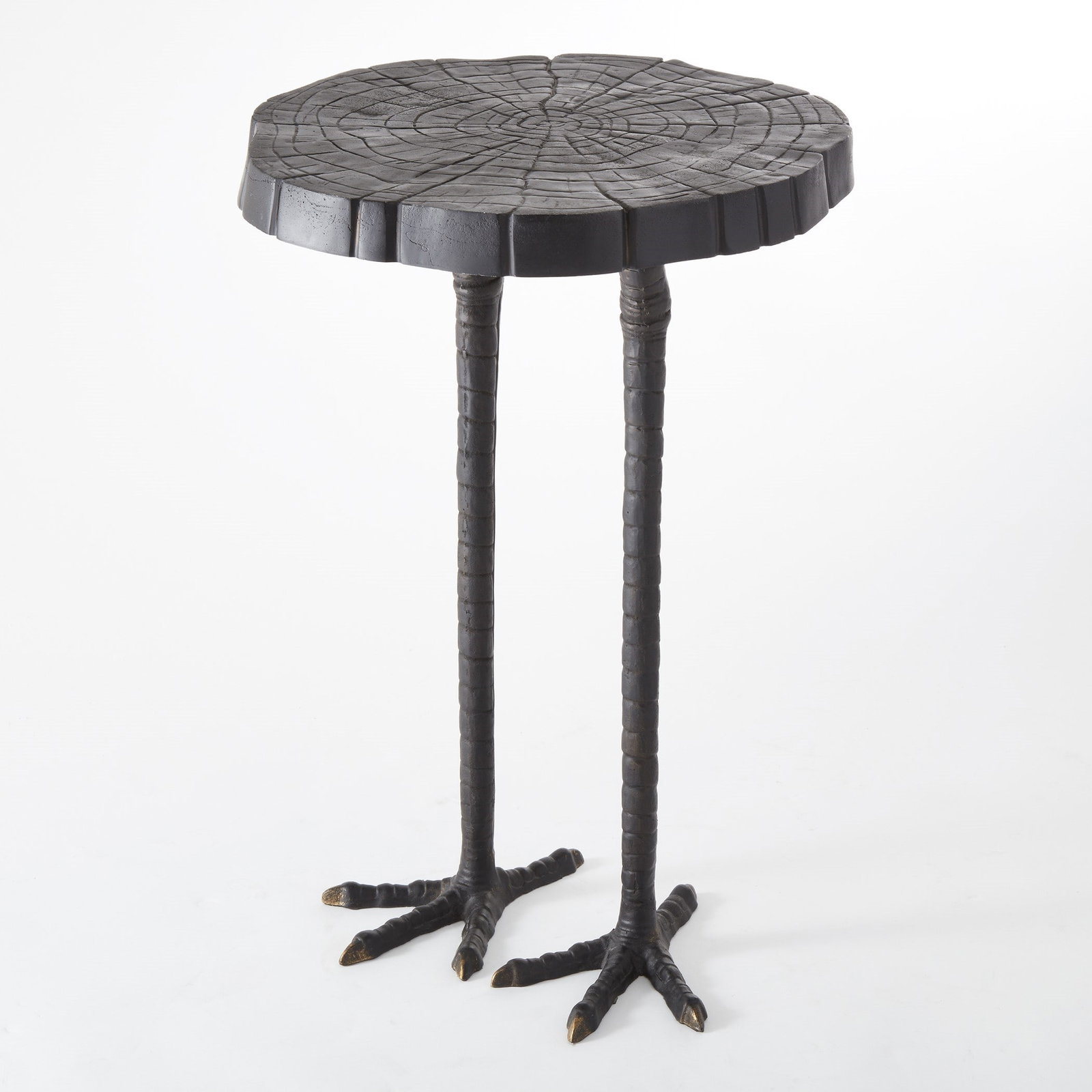Ostrich Table In Black: Ostrich Table In Black Iron ostrich legs and a wood cut look iron faux bois top make this little side table a whimsical conversation piece. Felt on bottom of feet to protect your floors Item Dimension