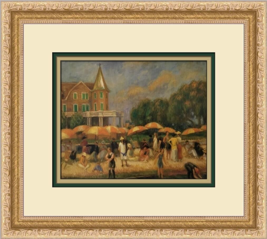 William Glackens Beach Umbrellas at Blue Point Custom Framed Print: William Glackens Beach Umbrellas at Blue Point Custom Framed Print Unit Of Sale: Single Piece Artist: William Glackens Image Orientation: Landscape Size: Medium Signed: No Title: Beach Umbrellas at Bl