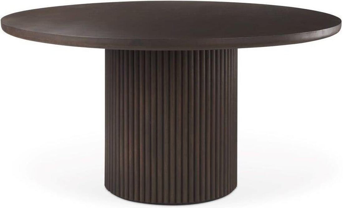 Terra Dark Brown Wood Round Fluted Dining Table: Terra Dark Brown Wood Round Fluted Dining Table The decadent dark brown Terra Dining Table is a beautiful statement piece to include in the home or office space. Bold, contemporary, and oh-so sophisti