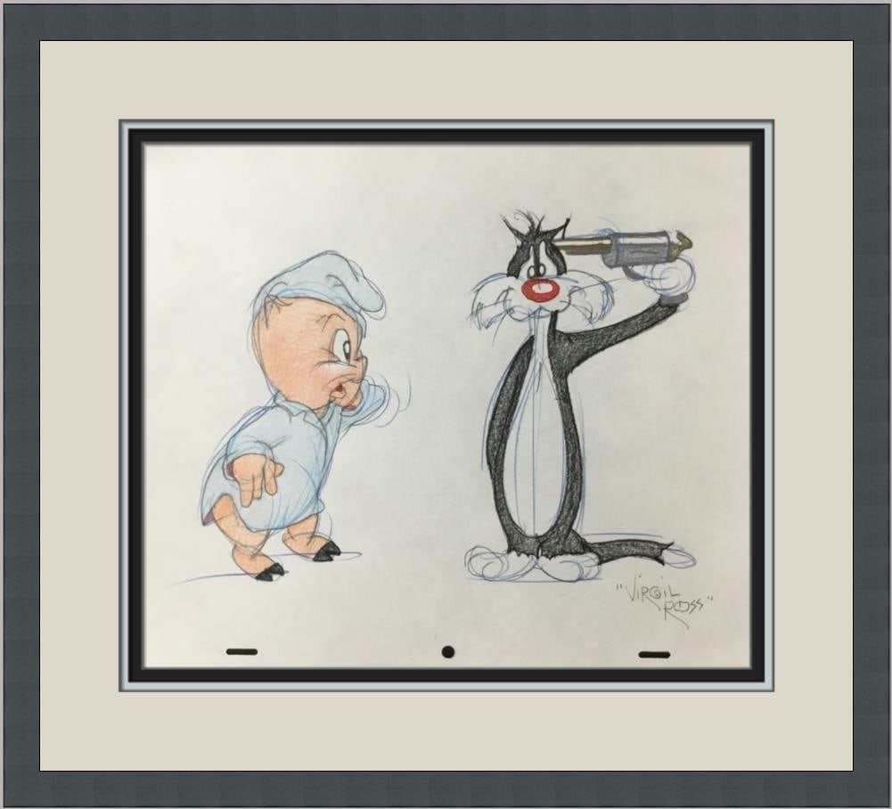 Virgil Ross Original Signed Model Sheet Drawing Porky & Sylvester Custom Framed: Virgil Ross Original Signed Model Sheet Drawing Porky & Sylvester Custom Framed Animation Studio: Warner Bros Character: Porky Pig Sylvester Signed By: Virgil Ross Tradition: Western Animation Signed: