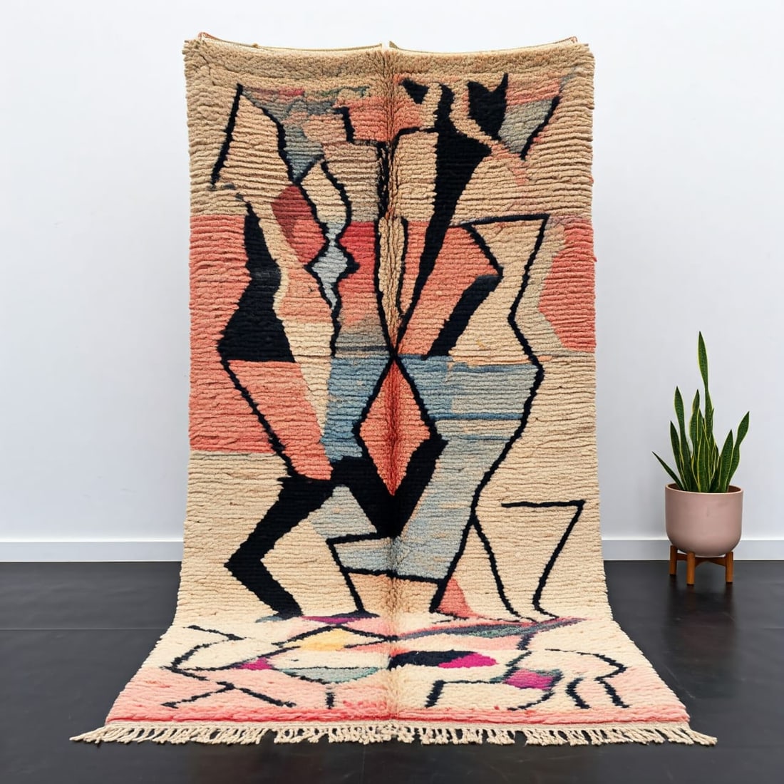 110 x 118 Moroccan Picasso-Inspired Rug: 110 x 118 Moroccan Picasso-Inspired Rug This stunning Moroccan Berber rug features a unique design that fuses traditional Amazigh motifs with a modern, Picasso-inspired aesthetic. Bold geometric shape