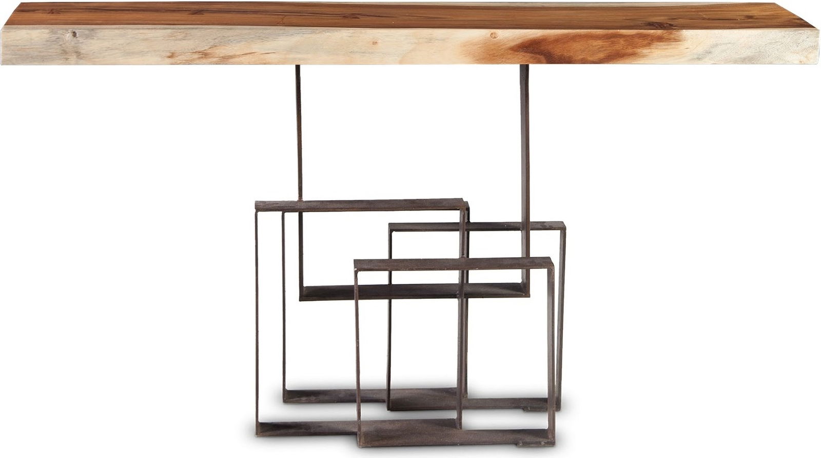 Score Console Table: Score Console Table Solid Chamcha Wood tops are paired with rusted metal bases formed by various sized squares. This cool console table is unique and fun. Item Dimensions: Height: 32.0 Width: 13.0 Dep