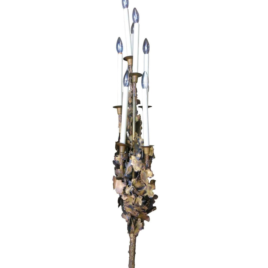 Tom Greene Style Brutalist Torch-Cut Brass Torchiere Floor Lamp: Tom Greene Style Brutalist Torch-Cut Brass Torchiere Floor Lamp Dimensions: Height: 71 in (180.34 cm)Width: 15 in (38.1 cm)Depth: 15 in (38.1 cm) Style: Brutalist (Of the Period) Materials and Techniq