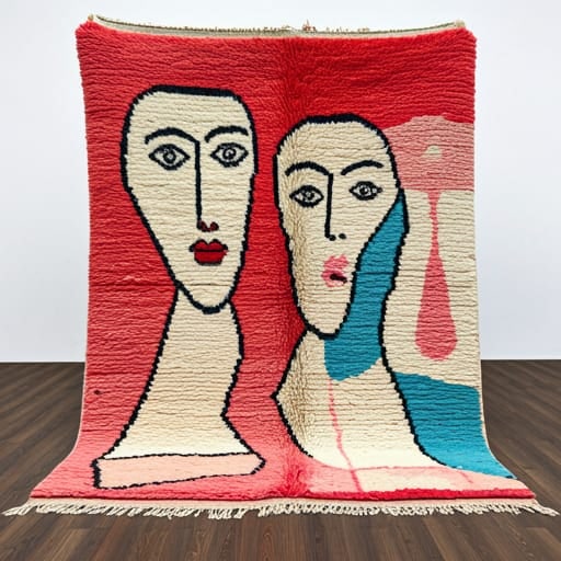 110 x 118 Moroccan Picasso-Inspired Rug: 110 x 118 Moroccan Picasso-Inspired Rug This stunning Moroccan Berber rug features a unique design that fuses traditional Amazigh motifs with a modern, Picasso-inspired aesthetic. Bold geometric shape