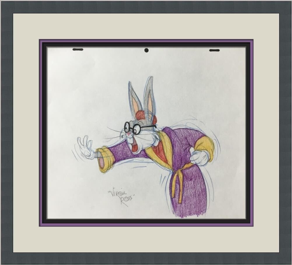 Virgil Ross Original Signed Model Sheet Drawing Bugs Bunny Robe II Custom Framed: Virgil Ross Original Signed Model Sheet Drawing Bugs Bunny Robe II Custom Framed Animation Studio: Warner Bros Character: Bugs Bunny Signed By: Virgil Ross Tradition: Western Animation Signed: Yes Tit