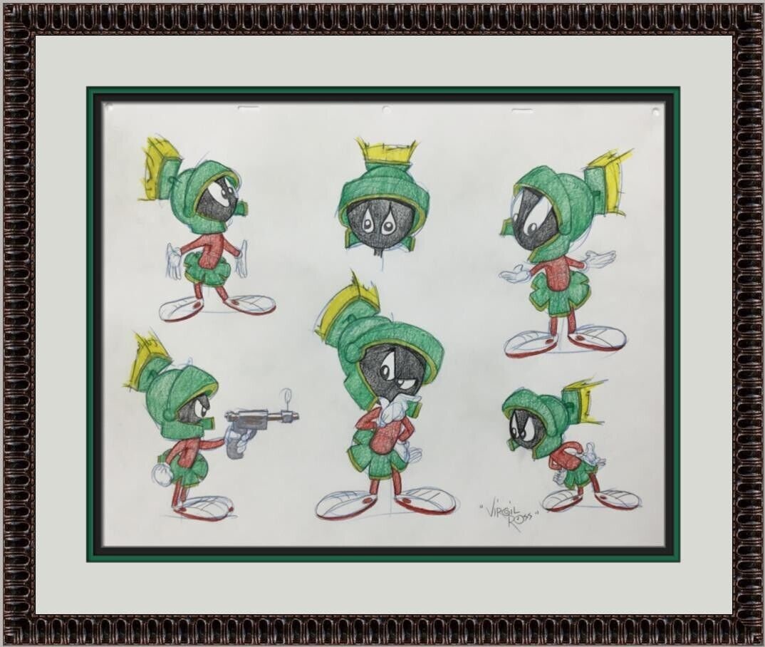 Virgil Ross Original Signed Model Sheet Drawing Marvin The Martian Custom Framed: Virgil Ross Original Signed Model Sheet Drawing Marvin The Martian Custom Framed Animation Studio: Warner Bros Signed By: Virgil Ross Character: Marvin the Martian Tradition: Western Animation Signed: