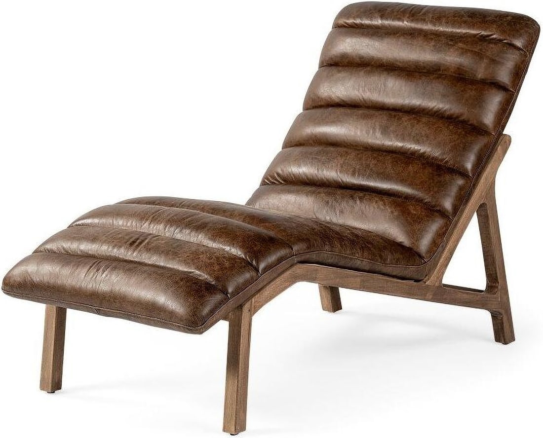 Pierre Whiskey Genuine Leather Armless Chaise Lounge Chair: Pierre Whiskey Genuine Leather Armless Chaise Lounge Chair Featuring a robust base and frame meticulously crafted from solid rubberwood finished in a light brown tone, the Pierre is a spectacular chai