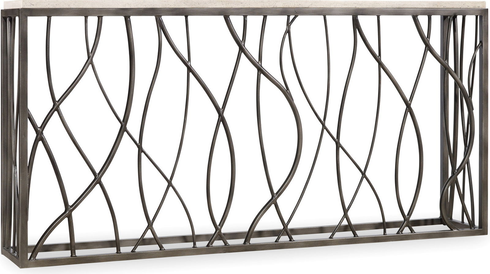 Tubular Solid Steel Console Table: Tubular Solid Steel Console Table Organic and modern, this striking console table in a neutral color palette has a curvy steel base and natural stone top of Travertine Marble to create an inviting foc