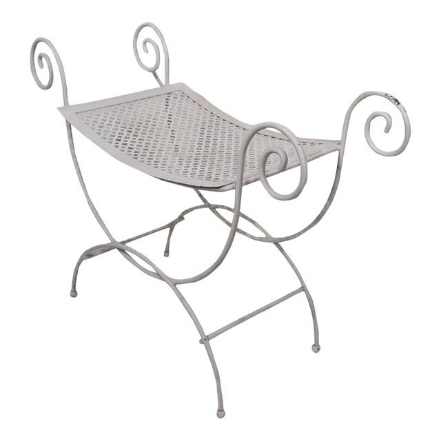 Mid Century Hollywood Regency Wrought Iron Vanity Bench: Mid Century Hollywood Regency Wrought Iron Vanity Bench Structurally sound and sturdy shows cosmetic wear normal and consistent with age. Currently in later but not new white paint finish. Dimensions: