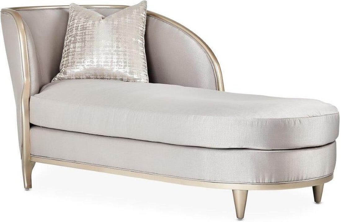 Malibu Crest Chaise In Truffle/Chardonnay: Malibu Crest Chaise In Truffle/Chardonnay The Malibu Crest Chaise is perfect for lounging in luxury. The glowing sheen of the faux silk and the sweeping lines of the arms show off your more glamorous