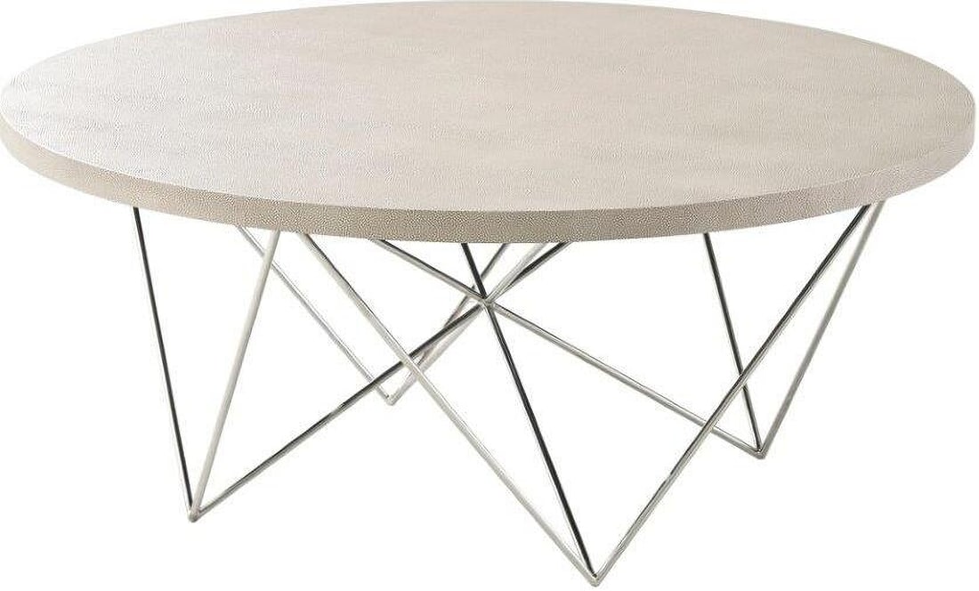 Brigham Cocktail Table: Brigham Cocktail Table Cocktail Table Circular Shagreen Embossed Leather Wrapped Top Overcast Finish Complex Nickel Finish Trivet Base Item Dimensions: Height: 18.0 Width: 42.0 Depth: 42.0 PLEASE NOTE
