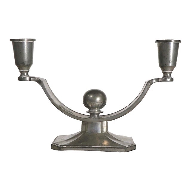 Art Deco Pewter Candlestick by Danish Maker Just Andersen C 1920's: Art Deco Pewter Candlestick by Danish Maker Just Andersen C 1920's Original clean ready ton use showing only light cosmetic wear normal and consistent with age. Dimensions: 7.25"W x 2.5"D x 4.75"H Sty