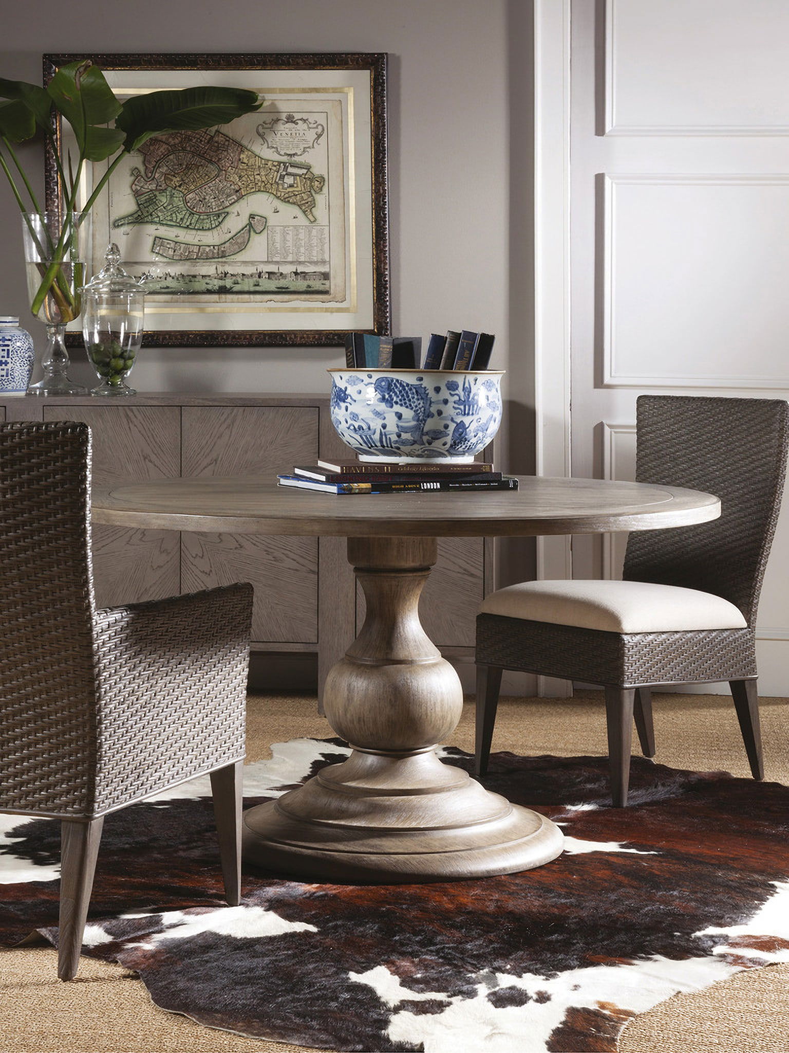 Cohesion Program Grigio Axiom Round Dining Table: Cohesion Program Grigio Axiom Round Dining Table Casual design crafted from Mahogany in the Grigio finish, a warm gray tone with hand wire brushing. The 54-inch round table seats five comfortably, is
