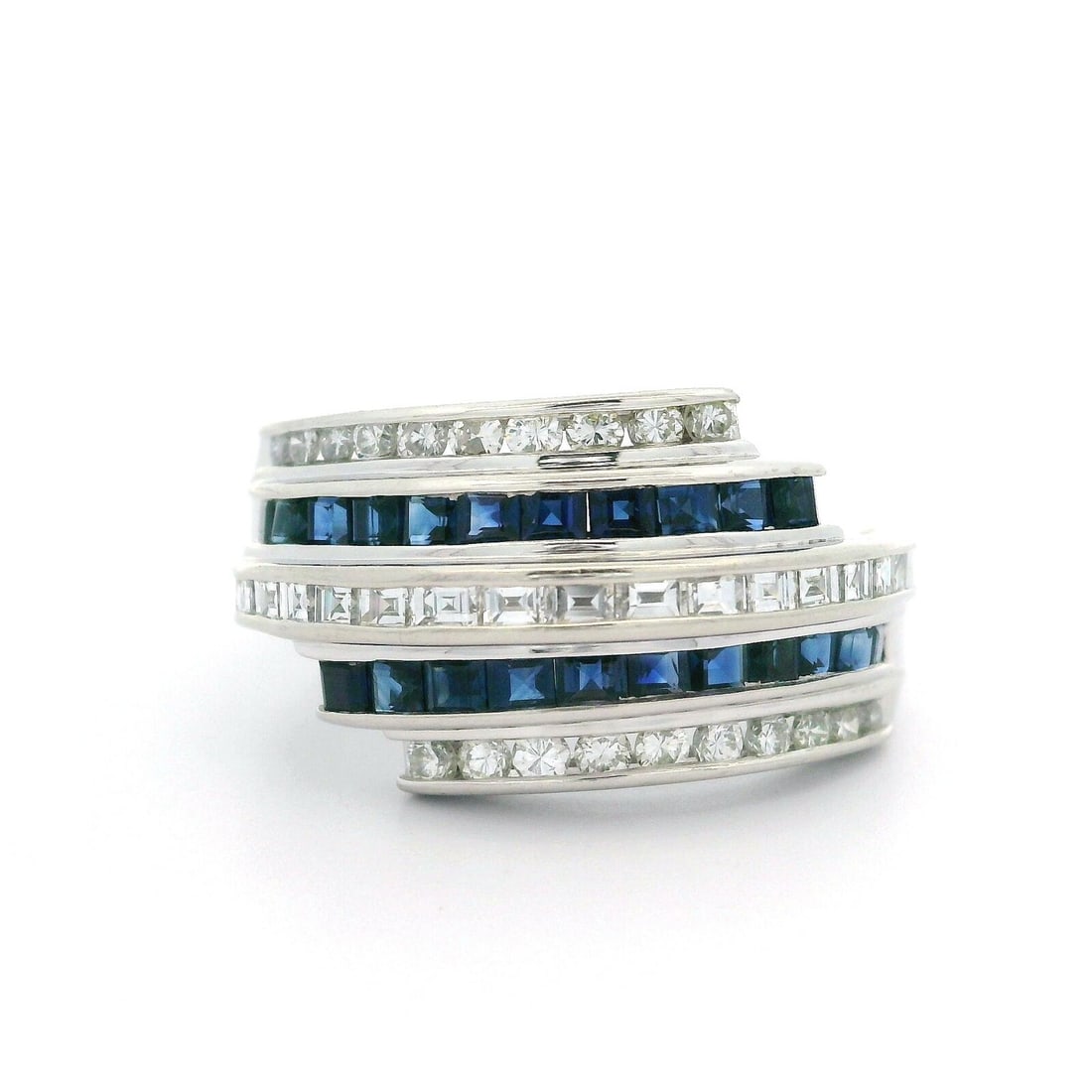Platinum Multi Row Cocktail Ring 1.50ctw Blue Sapphire Diamond: Platinum Multi Row Cocktail Ring 1.50ctw Blue Sapphire Diamond This exquisite cocktail ring features a stunning design with a total carat weight of approximately 1.50ctw, crafted from solid platinum. 