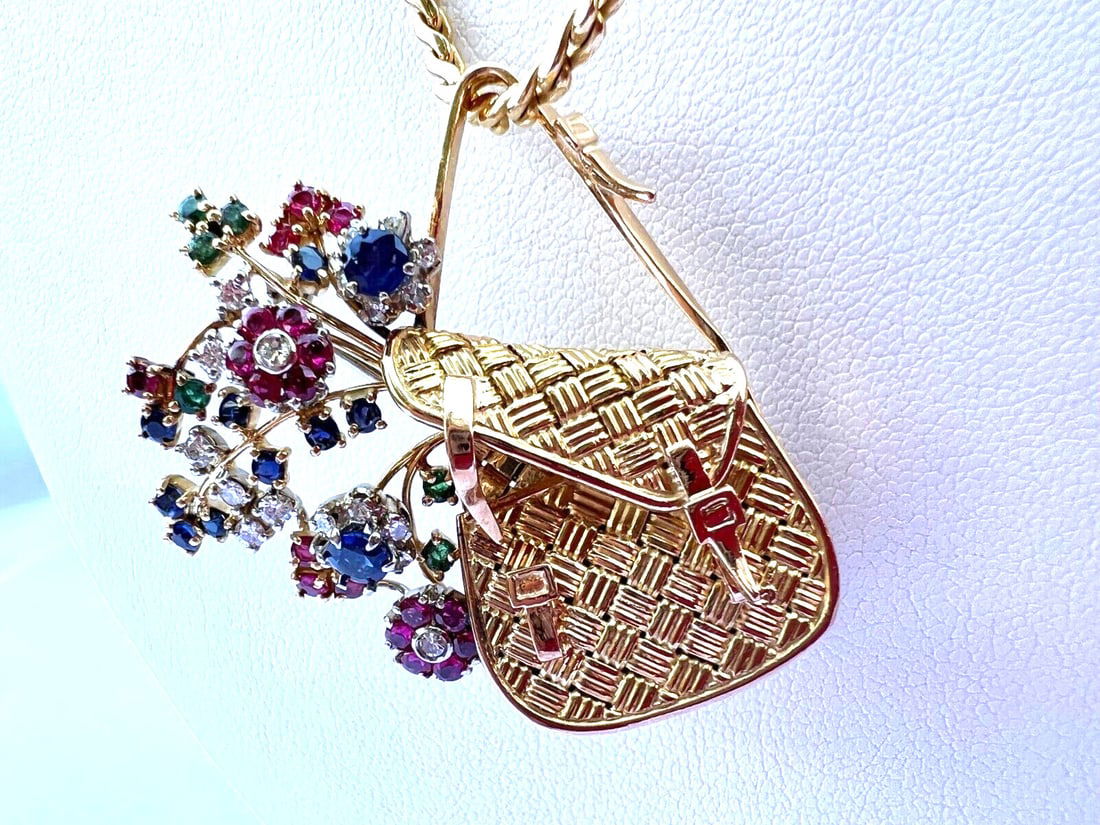 Cartier 18K Yellow Gold Necklace Brooch with Diamonds Rubies Sapphires Emeralds and Box: Cartier 18K Yellow Gold Necklace Brooch with Diamonds Rubies Sapphires Emeralds and Box This exquisite Cartier necklace brooch is crafted from 18K yellow gold and features a stunning arrangement of di