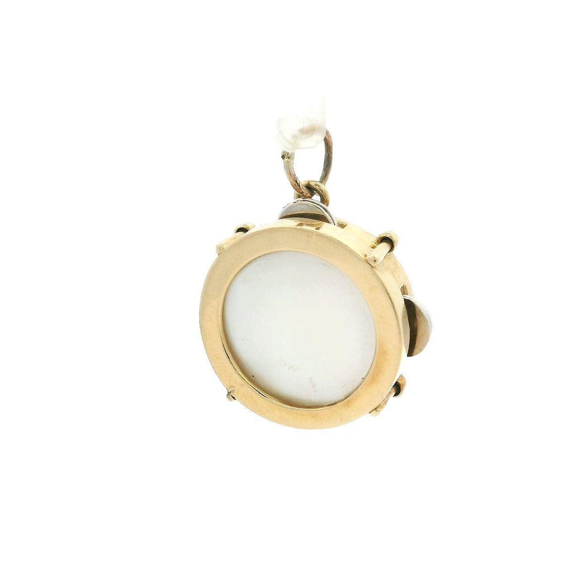 Vintage 14K Gold Tambourine Charm with Mother of Pearl Detail: Vintage 14K Gold Tambourine Charm with Mother of Pearl Detail Type: Bracelets & Charms. Main Stone: Mother of Pearl/Abalone. Main Stone Shape: Round. Main Stone Color: White/Colorless. Metal: Yellow G