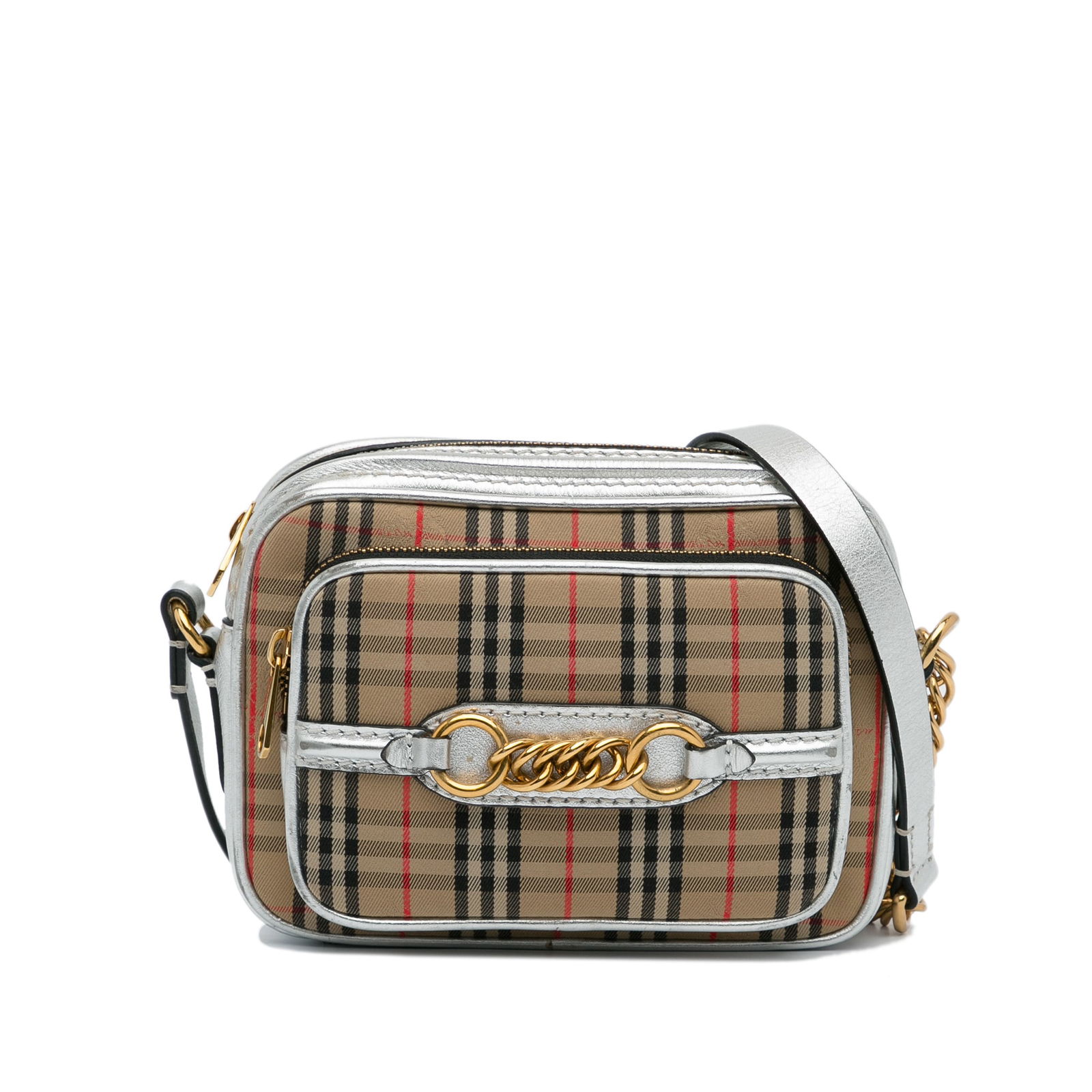 Burberry 1983 Check Link Camera Bag: Burberry 1983 Check Link Camera Bag The 1983 Check Link Camera bag features a plaid canvas body with metallic leather trim a chain-link shoulder strap a top zip closure an exterior zip pocket and an i