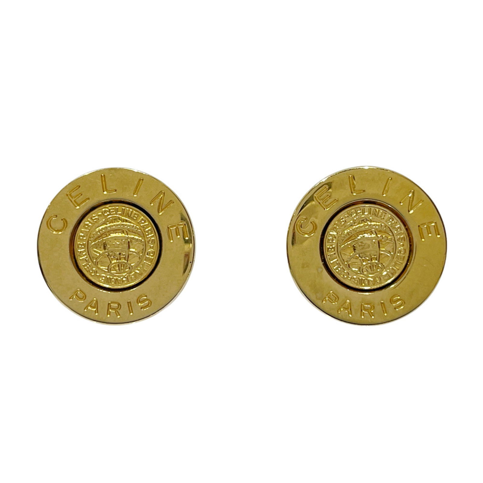 CELINE GP Earrings Circle Logo Round Medallion Vintage Women's Gold 20488124: CELINE GP Earrings Circle Logo Round Medallion Vintage Women's Gold 20488124 Brand: Celine Type: Clip earrings Gender: Women Finish: Gold plated Season: Vintage Condition: Used (good) Overall Scratche