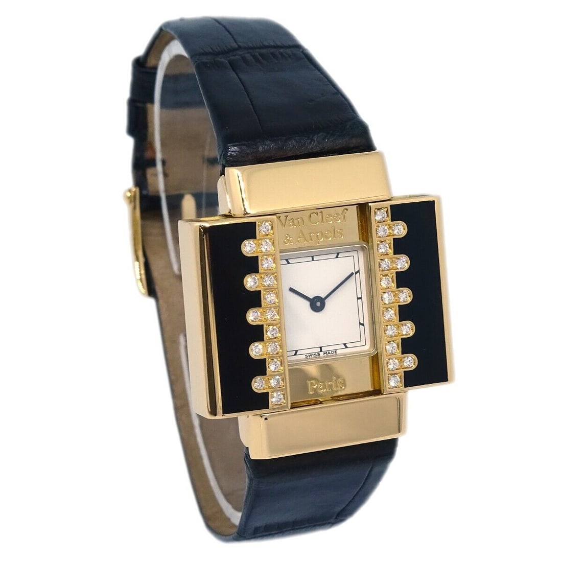Van Cleef & Arpels Domino Ref.WIYF02F3 Quartz Watch 18KYG Black: Van Cleef & Arpels Domino Ref.WIYF02F3 Quartz Watch 18KYG Black Movement: Quartz Year Manufactured: 2005 Case Color: Gold Type: Wristwatch Band Color: Black Band Material: Leather Dial Color: White St