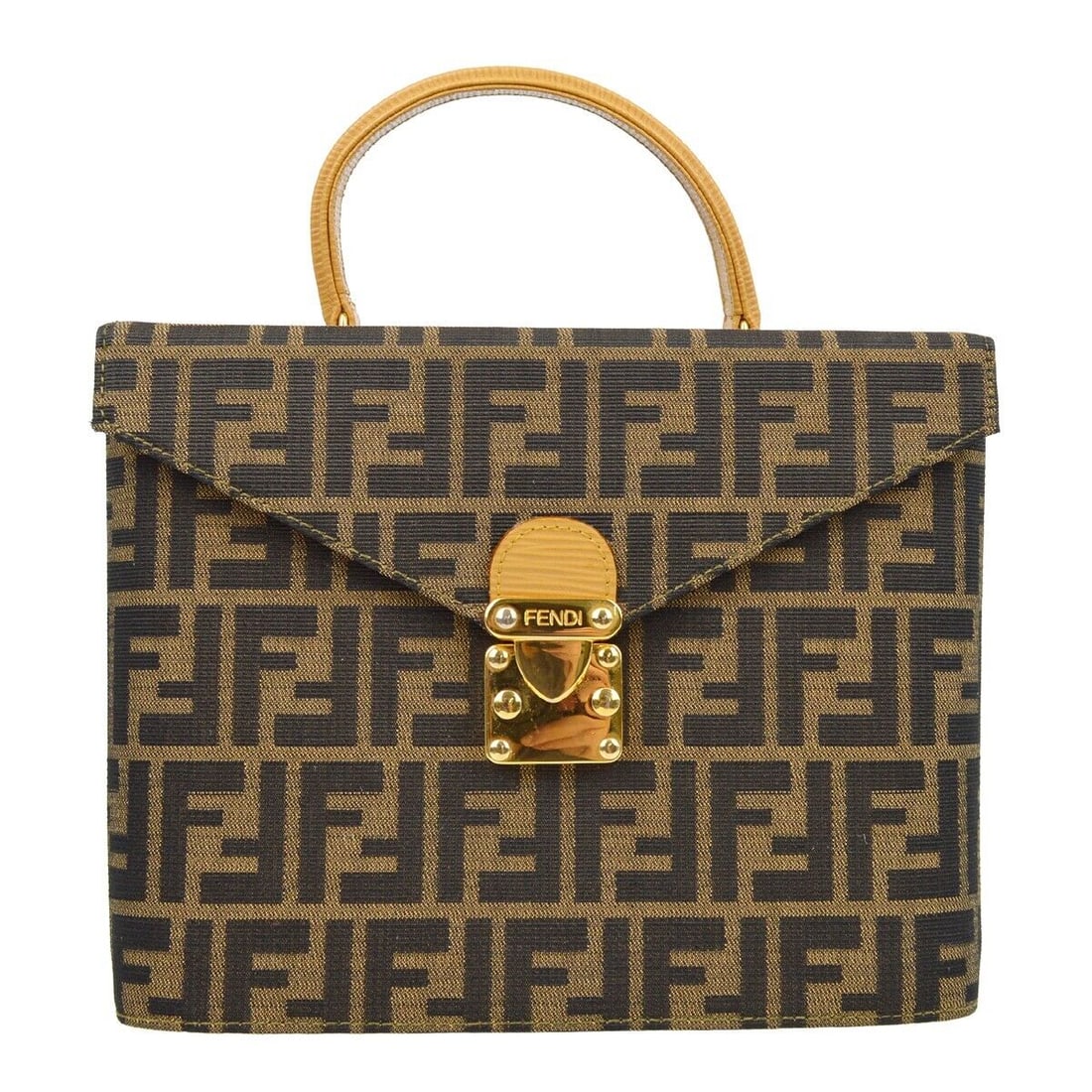 Fendi Brown Zucca Vanity Handbag 091475067: Fendi Brown Zucca Vanity Handbag 091475067 Bag Width: 10 in Pattern: Fendi Zucca Bag Height: 8 in Occasion: Casual Handle/Strap Color: Brown Size: Large Handle Style: Top Handle Lining Material: Canva