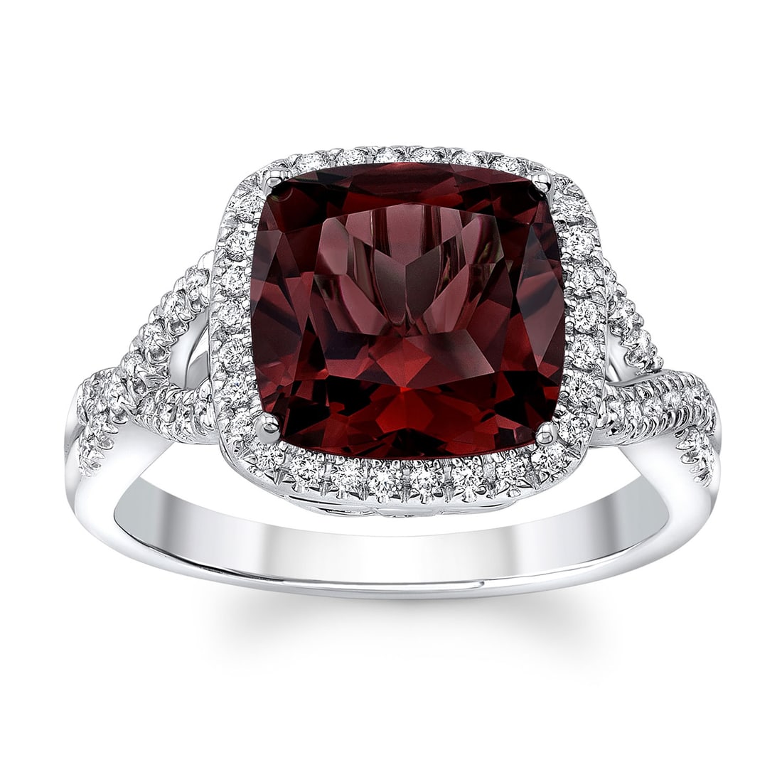 Garnet And Diamond Cushion Halo Ring With Twine Split Shank In 14k White Gold: Garnet And Diamond Cushion Halo Ring With Twine Split Shank In 14k White Gold Brilliant Garnet Gemstone Is Set In A Cushion Halo Frame In 14 Karat White Gold And Accented With 0.17ctw Round Brilliant 