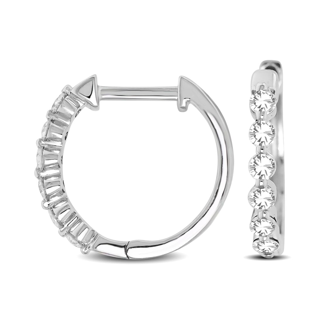 14K White Gold 1/4 Ctw Diamond Hoop Earrings: 14K White Gold 1/4 Ctw Diamond Hoop Earrings These amazing Earrings are available in 14K White Gold. There are 12 round diamonds with a total carat weight of 1/4ct set in a prong setting. Metal: 14k W