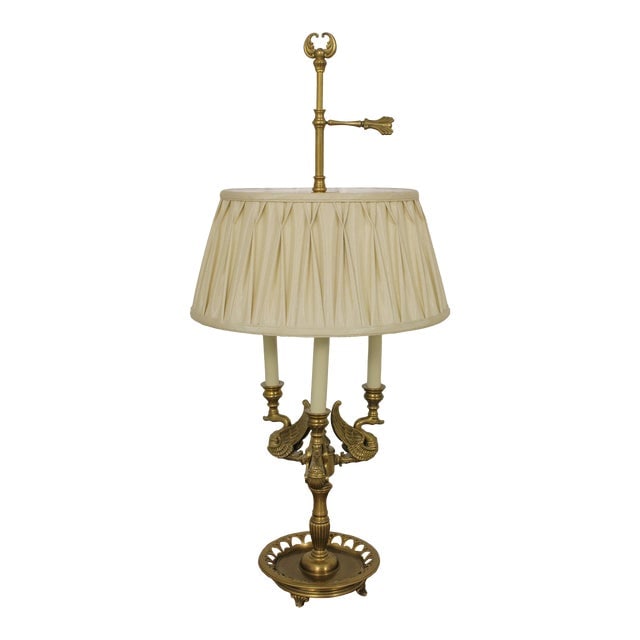Bronze Swan Arm Bouillotte Table Lamp: Bronze Swan Arm Bouillotte Table Lamp Excellent Original Finish & Condition Dimensions: 15.5"W x 15.5"D x 34"L Styles: Regency Lamp Shade: Included Period: 1980s Item Type: Vintage Antique or Pre-owne