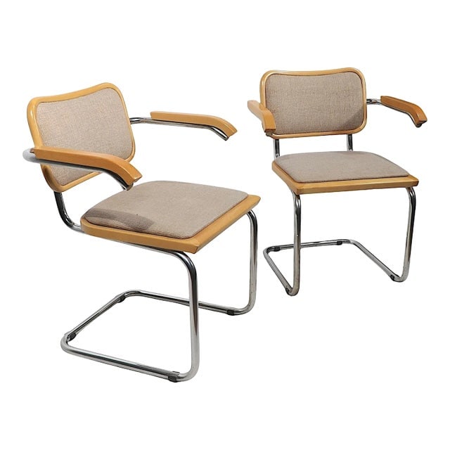 Pr. Cesca Arm Chairs Designed by Marcel Breuer Made in Italy C 1970/80's: Pr. Cesca Arm Chairs Designed by Marcel Breuer Made in Italy C 1970/80's Good original clean and ready to use condition showing only light cosmetic wear normal and consistent with age. Dimensions: 24.