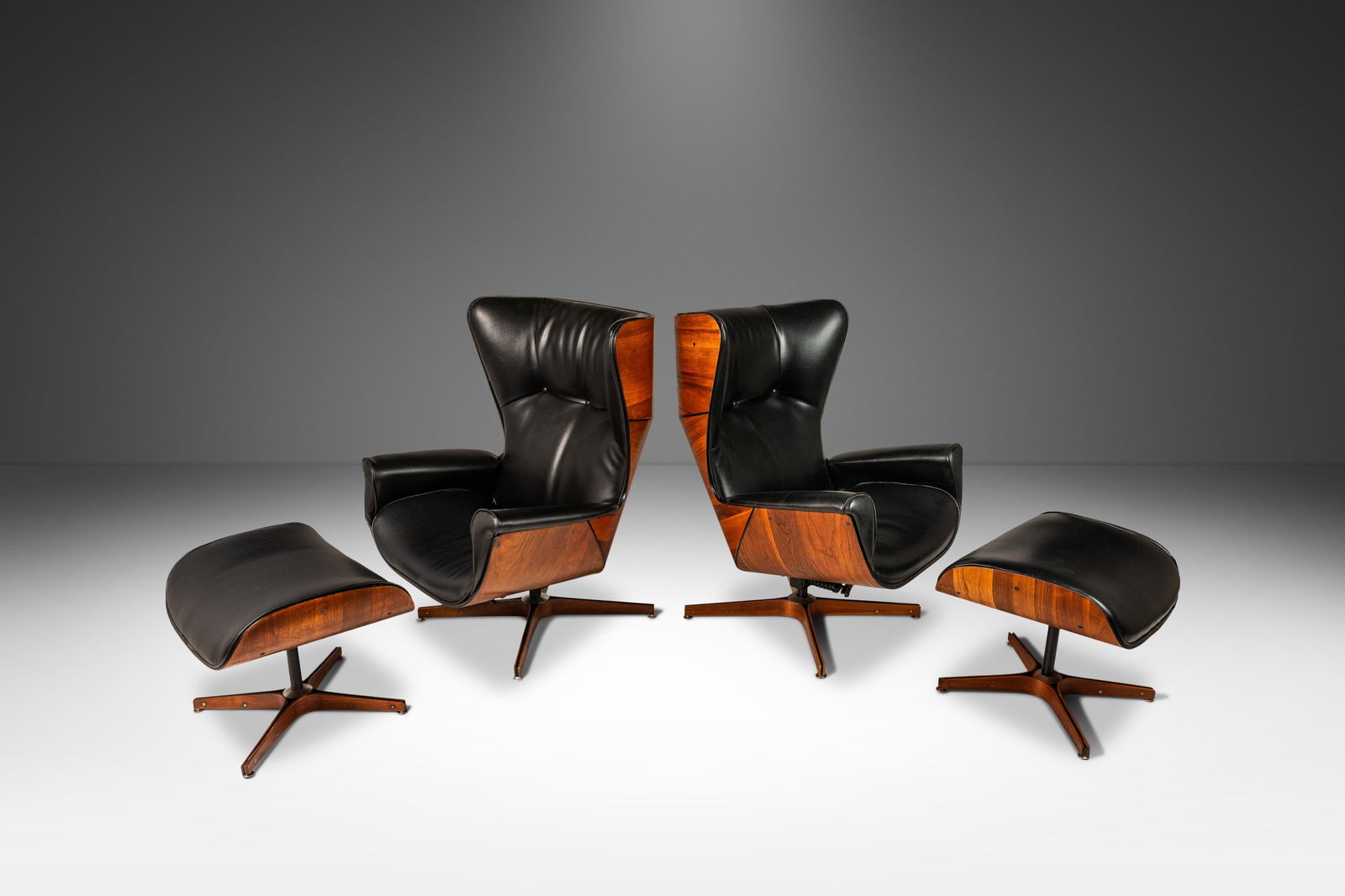 Set of Two (2) Rare MCM "Mr. Chair" Wingback Lounge Chairs w/ Matching Ottomans by George Mulhauser: Set of Two (2) Rare MCM "Mr. Chair" Wingback Lounge Chairs w/ Matching Ottomans by George Mulhauser for Plycraft USA c. 1960s Set of Two (2) Rare MCM Mr. Chair Wingback Lounge Chairs w/ Matching Ottom
