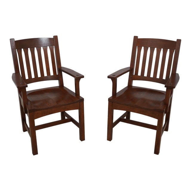 Pair Stickley Mission Oak Arts & Crafts Armchairs: Pair Stickley Mission Oak Arts & Crafts Armchairs Excellent Original Finish & Condition Dimensions: 25"W x 22"D x 39"H Styles: Arts & Crafts Number of Seats: 2 Arm Height: 26.0 in Seat Height: 18.5 in