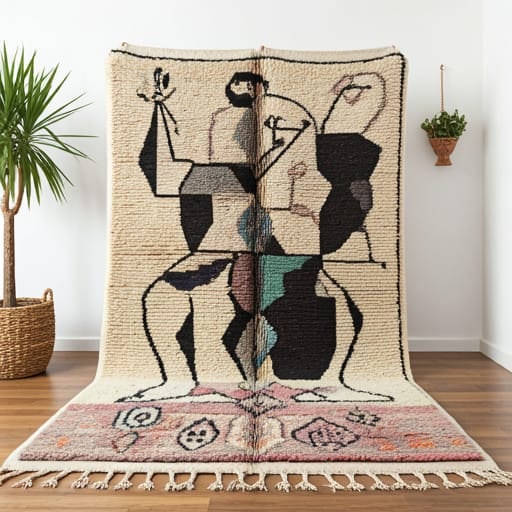 102 x 110 Moroccan Picasso-Inspired Rug: 102 x 110 Moroccan Picasso-Inspired Rug This stunning Moroccan Berber rug features a unique design that fuses traditional Amazigh motifs with a modern, Picasso-inspired aesthetic. Bold geometric shape