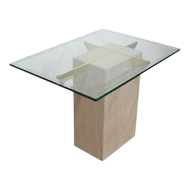 Post Modern Mid Century Travertine Glass and Brass End Table by Artedi Made in Italy C. 1970's: Post Modern Mid Century Travertine Glass and Brass End Table by Artedi Made in Italy C. 1970's Very good clean ready to use condition one plastic spacer has been replaced inconsequential wear to brass
