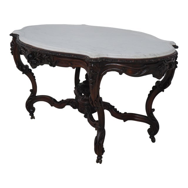 John Belter Antique Victorian Large Marble Top Center Table: John Belter Antique Victorian Large Marble Top Center Table Excellent Condition - Minor Signs Of Light Household Use-Age Slightly Loose Some Missing Carvings On Very Top Edge Dimensions: 58"W x 38"D x