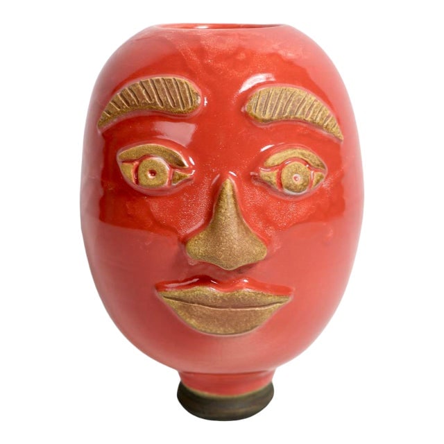 Post Modern Orange and Gold Pottery Vase of Mans Head: Post Modern Orange and Gold Pottery Vase of Mans Head No damage Dimensions: 6"W x 6"D x 9.5"H Styles: Mid-Century Modern Modern Postmodern Styled After: Raymor Period: 1970s Country of Origin: Italy I