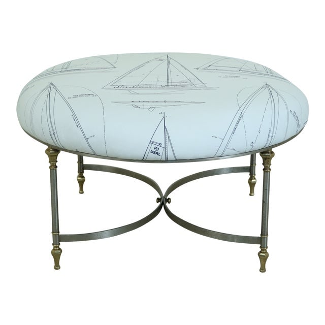 Round Regency Style Steel & Brass Ottoman - Ralph Lauren Fabric: Round Regency Style Steel & Brass Ottoman - Ralph Lauren Fabric Condition:Excellent Original Finish & Condition Minor Tarnishing To Base Dimensions: 38"W x 38"D x 22"H Styles: Regency Seat Height: 22.