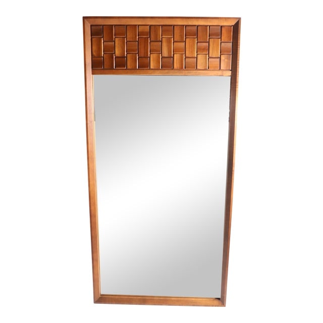 Mid Century Brutalist Pier Mirror With Block Front Design Made in Canada: Mid Century Brutalist Pier Mirror With Block Front Design Made in Canada Original clean ready to use. Dimensions: 36.25"W x 1.75"D x 74"H Styles: Brutalist Danish Modern Styled After: Lane Furniture P