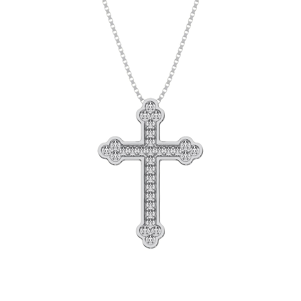 14K White Gold 1/5 Ct.Tw. Diamond Cross Pendant: 14K White Gold 1/5 Ct.Tw. Diamond Cross Pendant Metal: 14k White Gold Stone Count: 30.0 Stone Shape: Round Stone Type: Prong Stone Color: G-h Stone Clarity: Si3 Stone Weight (Carat): 0.21 The BIDHAUS 