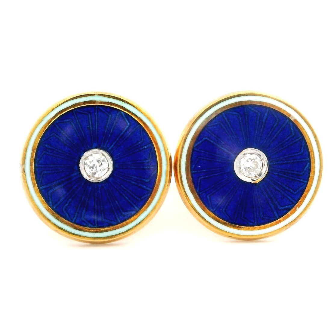 14k Gold Old European Diamond Guilloche Blue & White Enamel Round Cufflinks: 14k Gold Old European Diamond Guilloche Blue & White Enamel Round Cufflinks Type: Cufflinks Main Stone: Diamond Main Stone Color: White/Colorless Total Carat Weight: 0.1 Metal: Yellow Gold Metal Purit
