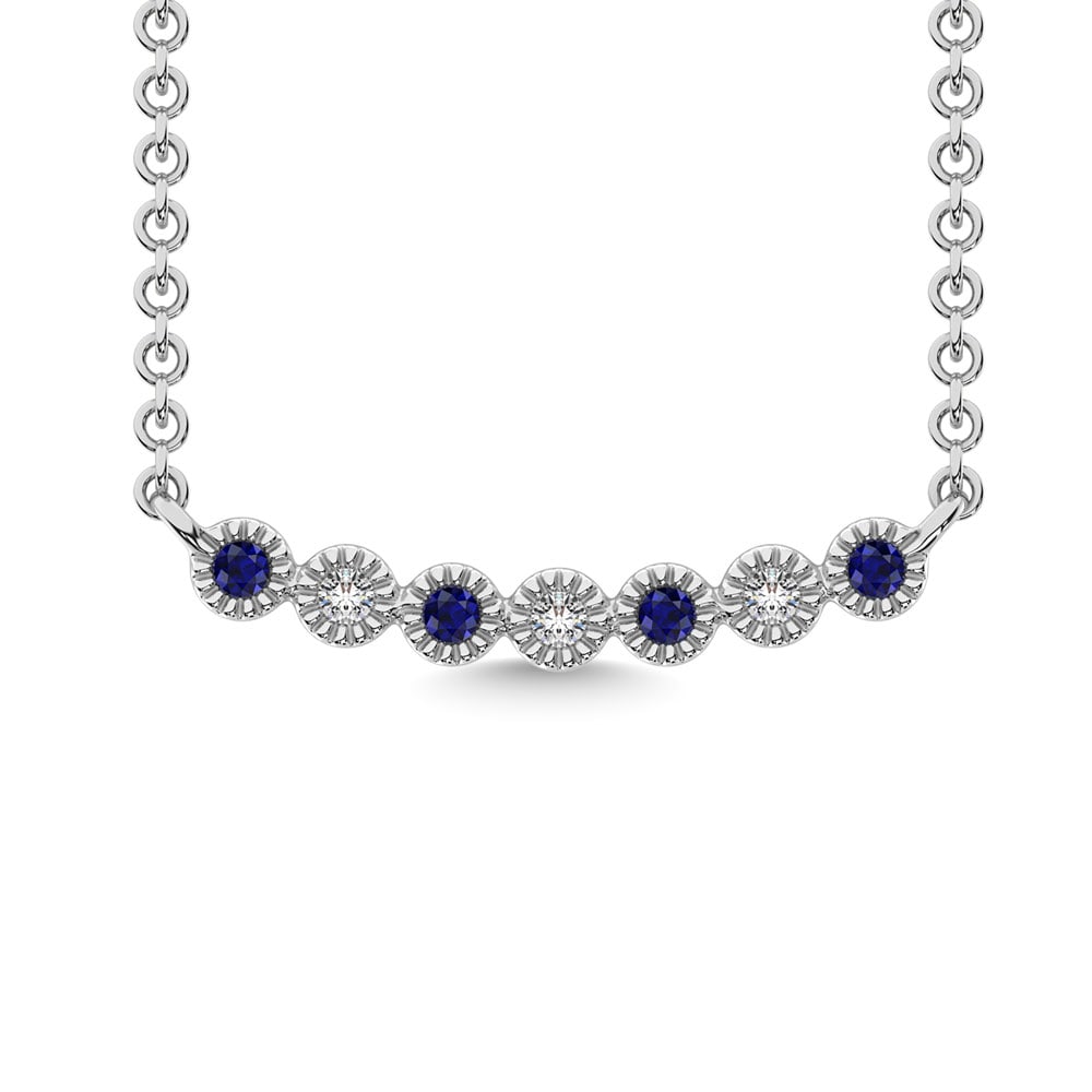 Diamond 1/10 Ct.Tw. And Blue Sapphire Necklace in 10K White Gold: Diamond 1/10 Ct.Tw. And Blue Sapphire Necklace in 10K White Gold Metal: 10k White Gold Stone Count: 7.0 Stone Shape: Round Stone Color: G-h Stone Clarity: I1 / Blue Sapphire The BIDHAUS Guarantee: All
