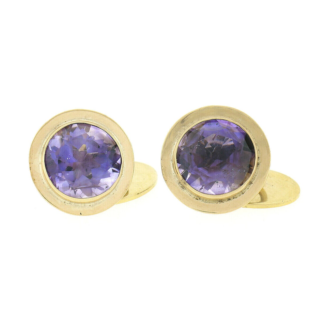 Men's Vintage 14K Yellow Gold 8ct Round Bezel Amethyst Polished Frame Cuff Links: Men's Vintage 14K Yellow Gold 8ct Round Bezel Amethyst Polished Frame Cuff Links Jewelry Type: Cufflinks Type: Cufflinks Metal Purity: 14k Material: Solid Gold Gender: Male Metal: Yellow Gold Main Sto