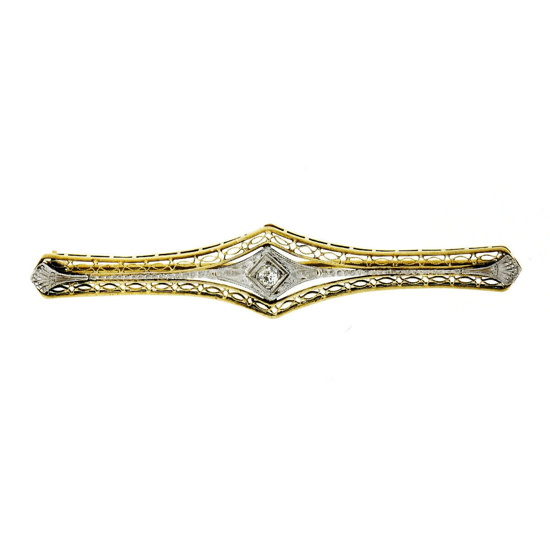 Antique Art Deco Platinum 14k Gold Old Mine Diamond Engraved Filigree Pin Brooch: Antique Art Deco Platinum 14k Gold Old Mine Diamond Engraved Filigree Pin Brooch Material: Gold & Platinum Metal Purity: 14k & 900 parts per 1000 Main Stone: Diamond Metal: Mixed Metals Antique Art De